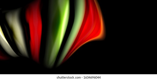 Abstract silk smooth lines on black, multicolored liquid fluid rainbow style waves on black. Vector Illustrations For Wallpaper, Banner, Background, Card, Book, Illustration, landing page, cover