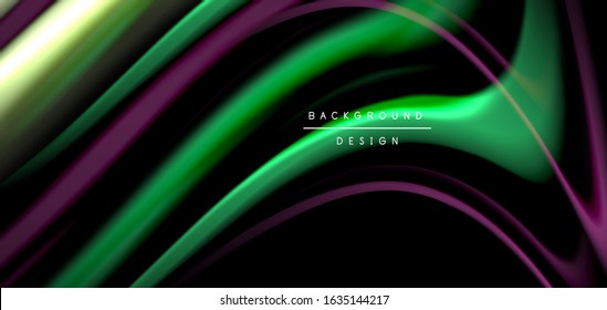 Resumen de líneas suaves de seda sobre ondas negras multicolores de estilo arco iris líquido sobre negro. Ilustraciones vectoriales para papel tapiz, cartel, fondo, tarjeta, libro, ilustración, página de inicio, portada