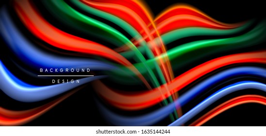 Resumen de líneas suaves de seda sobre ondas negras multicolores de estilo arco iris líquido sobre negro. Ilustraciones vectoriales para papel tapiz, cartel, fondo, tarjeta, libro, ilustración, página de inicio, portada