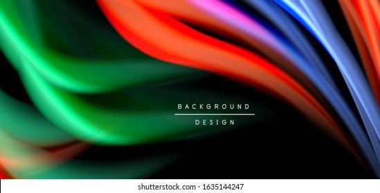 Abstract silk smooth lines on black, multicolored liquid fluid rainbow style waves on black. Vector Illustrations For Wallpaper, Banner, Background, Card, Book, Illustration, landing page, cover