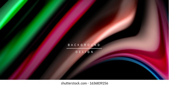 Abstract silk smooth lines on black, multicolored liquid fluid rainbow style waves on black. Vector Illustrations For Wallpaper, Banner, Background, Card, Book, Illustration, landing page, cover