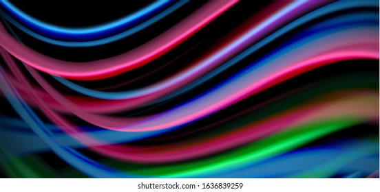 Abstract silk smooth lines on black, multicolored liquid fluid rainbow style waves on black. Vector Illustrations For Wallpaper, Banner, Background, Card, Book, Illustration, landing page, cover