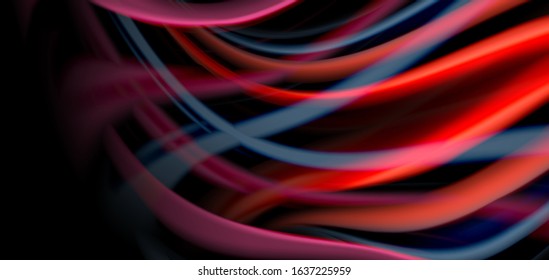 Abstract silk smooth lines on black, multicolored liquid fluid rainbow style waves on black. Vector Illustrations For Wallpaper, Banner, Background, Card, Book, Illustration, landing page, cover