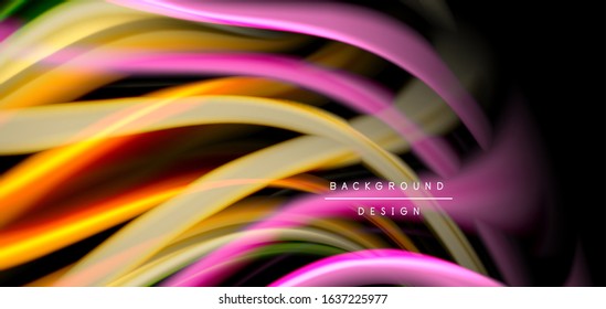 Abstract silk smooth lines on black, multicolored liquid fluid rainbow style waves on black. Vector Illustrations For Wallpaper, Banner, Background, Card, Book, Illustration, landing page, cover