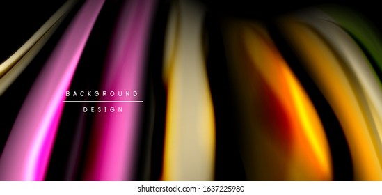 Abstract silk smooth lines on black, multicolored liquid fluid rainbow style waves on black. Vector Illustrations For Wallpaper, Banner, Background, Card, Book, Illustration, landing page, cover