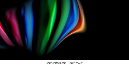 Abstract silk smooth lines on black, multicolored liquid fluid rainbow style waves on black. Vector Illustrations For Wallpaper, Banner, Background, Card, Book, Illustration, landing page, cover