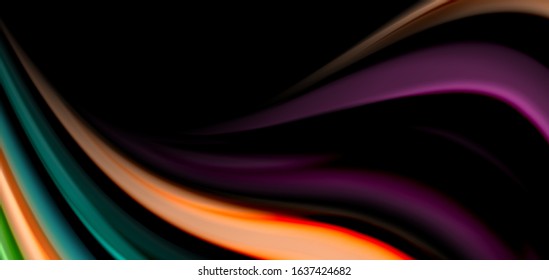 Resumen de líneas suaves de seda sobre ondas negras multicolores de estilo arco iris líquido sobre negro. Ilustraciones vectoriales para papel tapiz, cartel, fondo, tarjeta, libro, ilustración, página de inicio, portada