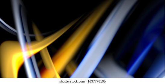 Abstract silk smooth lines on black, multicolored liquid fluid rainbow style waves on black. Vector Illustrations For Wallpaper, Banner, Background, Card, Book, Illustration, landing page, cover