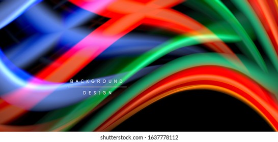 Abstract silk smooth lines on black, multicolored liquid fluid rainbow style waves on black. Vector Illustrations For Wallpaper, Banner, Background, Card, Book, Illustration, landing page, cover