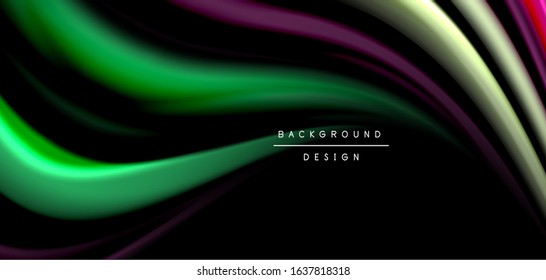 Abstract silk smooth lines on black, multicolored liquid fluid rainbow style waves on black. Vector Illustrations For Wallpaper, Banner, Background, Card, Book, Illustration, landing page, cover