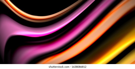 Resumen de líneas suaves de seda sobre ondas negras multicolores de estilo arco iris líquido sobre negro. Ilustraciones vectoriales para papel tapiz, cartel, fondo, tarjeta, libro, ilustración, página de inicio, portada