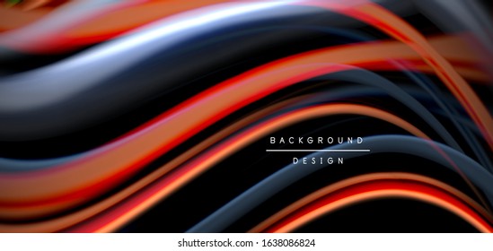 Abstract silk smooth lines on black, multicolored liquid fluid rainbow style waves on black. Vector Illustrations For Wallpaper, Banner, Background, Card, Book, Illustration, landing page, cover