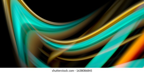 Abstract silk smooth lines on black, multicolored liquid fluid rainbow style waves on black. Vector Illustrations For Wallpaper, Banner, Background, Card, Book, Illustration, landing page, cover