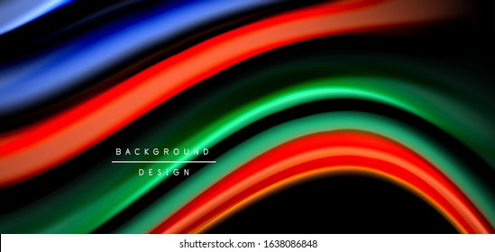 Abstract silk smooth lines on black, multicolored liquid fluid rainbow style waves on black. Vector Illustrations For Wallpaper, Banner, Background, Card, Book, Illustration, landing page, cover