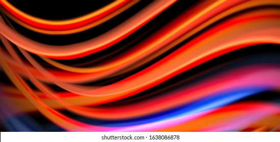 Abstract silk smooth lines on black, multicolored liquid fluid rainbow style waves on black. Vector Illustrations For Wallpaper, Banner, Background, Card, Book, Illustration, landing page, cover