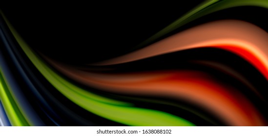 Abstract silk smooth lines on black, multicolored liquid fluid rainbow style waves on black. Vector Illustrations For Wallpaper, Banner, Background, Card, Book, Illustration, landing page, cover