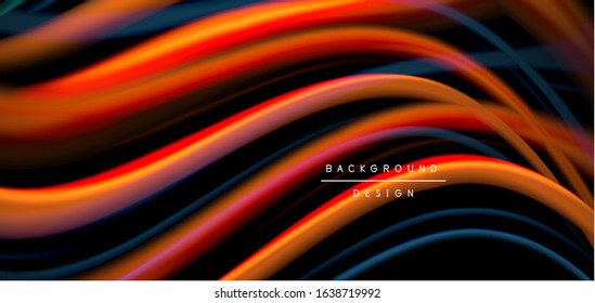 Resumen de líneas suaves de seda sobre ondas negras multicolores de estilo arco iris líquido sobre negro. Ilustraciones vectoriales para papel tapiz, cartel, fondo, tarjeta, libro, ilustración, página de inicio, portada