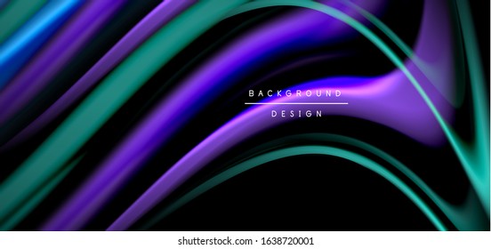 Resumen de líneas suaves de seda sobre ondas negras multicolores de estilo arco iris líquido sobre negro. Ilustraciones vectoriales para papel tapiz, cartel, fondo, tarjeta, libro, ilustración, página de inicio, portada