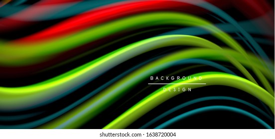 Abstract silk smooth lines on black, multicolored liquid fluid rainbow style waves on black. Vector Illustrations For Wallpaper, Banner, Background, Card, Book, Illustration, landing page, cover