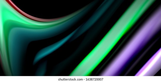 Abstract silk smooth lines on black, multicolored liquid fluid rainbow style waves on black. Vector Illustrations For Wallpaper, Banner, Background, Card, Book, Illustration, landing page, cover
