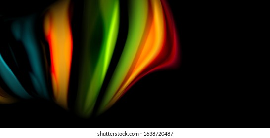 Resumen de líneas suaves de seda sobre ondas negras multicolores de estilo arco iris líquido sobre negro. Ilustraciones vectoriales para papel tapiz, cartel, fondo, tarjeta, libro, ilustración, página de inicio, portada