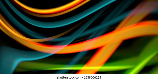 Resumen de líneas suaves de seda sobre ondas negras multicolores de estilo arco iris líquido sobre negro. Ilustraciones vectoriales para papel tapiz, cartel, fondo, tarjeta, libro, ilustración, página de inicio, portada