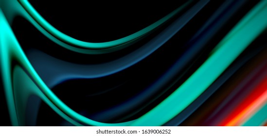 Abstract silk smooth lines on black, multicolored liquid fluid rainbow style waves on black. Vector Illustrations For Wallpaper, Banner, Background, Card, Book, Illustration, landing page, cover