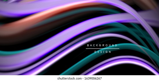 Abstract silk smooth lines on black, multicolored liquid fluid rainbow style waves on black. Vector Illustrations For Wallpaper, Banner, Background, Card, Book, Illustration, landing page, cover