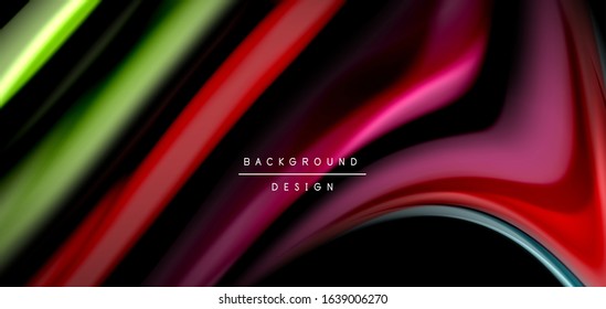 Abstract silk smooth lines on black, multicolored liquid fluid rainbow style waves on black. Vector Illustrations For Wallpaper, Banner, Background, Card, Book, Illustration, landing page, cover