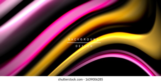 Abstract silk smooth lines on black, multicolored liquid fluid rainbow style waves on black. Vector Illustrations For Wallpaper, Banner, Background, Card, Book, Illustration, landing page, cover