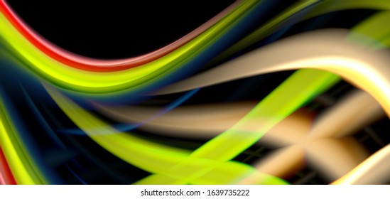 Resumen de líneas suaves de seda sobre ondas negras multicolores de estilo arco iris líquido sobre negro. Ilustraciones vectoriales para papel tapiz, cartel, fondo, tarjeta, libro, ilustración, página de inicio, portada