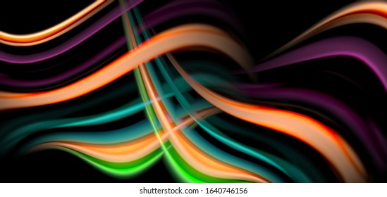 Abstract silk smooth lines on black, multicolored liquid fluid rainbow style waves on black. Vector Illustrations For Wallpaper, Banner, Background, Card, Book, Illustration, landing page, cover