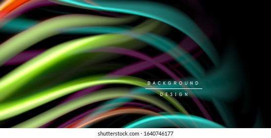 Resumen de líneas suaves de seda sobre ondas negras multicolores de estilo arco iris líquido sobre negro. Ilustraciones vectoriales para papel tapiz, cartel, fondo, tarjeta, libro, ilustración, página de inicio, portada