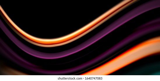 Resumen de líneas suaves de seda sobre ondas negras multicolores de estilo arco iris líquido sobre negro. Ilustraciones vectoriales para papel tapiz, cartel, fondo, tarjeta, libro, ilustración, página de inicio, portada