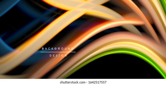 Abstract silk smooth lines on black, multicolored liquid fluid rainbow style waves on black. Vector Illustrations For Wallpaper, Banner, Background, Card, Book, Illustration, landing page, cover