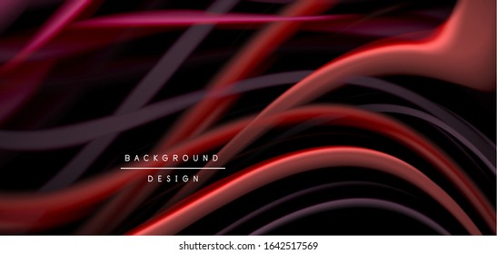 Abstract silk smooth lines on black, multicolored liquid fluid rainbow style waves on black. Vector Illustrations For Wallpaper, Banner, Background, Card, Book, Illustration, landing page, cover
