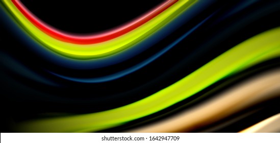 Abstract silk smooth lines on black, multicolored liquid fluid rainbow style waves on black. Vector Illustrations For Wallpaper, Banner, Background, Card, Book, Illustration, landing page, cover