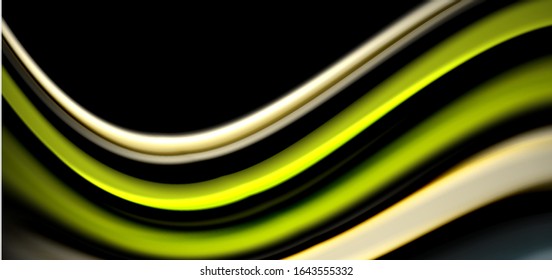 Abstract silk smooth lines on black, multicolored liquid fluid rainbow style waves on black. Vector Illustrations For Wallpaper, Banner, Background, Card, Book, Illustration, landing page, cover