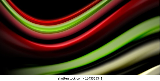 Líneas suaves de seda abstracta sobre las ondas negras, multicolores de fluido líquido arco iris sobre negro. Ilustraciones vectoriales para papel tapiz, banner, fondo, tarjeta, libro, ilustración, página de inicio, portada