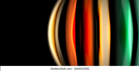 Resumen de líneas suaves de seda sobre ondas negras multicolores de estilo arco iris líquido sobre negro. Ilustraciones vectoriales para papel tapiz, cartel, fondo, tarjeta, libro, ilustración, página de inicio, portada