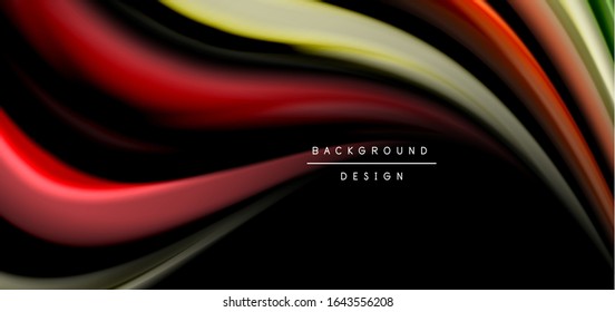 Líneas suaves de seda abstracta sobre las ondas negras, multicolores de fluido líquido arco iris sobre negro. Ilustraciones vectoriales para papel tapiz, banner, fondo, tarjeta, libro, ilustración, página de inicio, portada