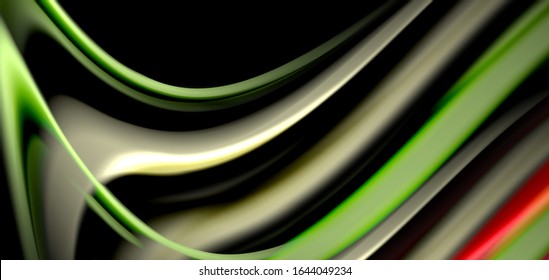 Abstract silk smooth lines on black, multicolored liquid fluid rainbow style waves on black. Vector Illustrations For Wallpaper, Banner, Background, Card, Book, Illustration, landing page, cover