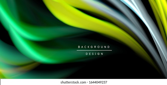 Abstract silk smooth lines on black, multicolored liquid fluid rainbow style waves on black. Vector Illustrations For Wallpaper, Banner, Background, Card, Book, Illustration, landing page, cover