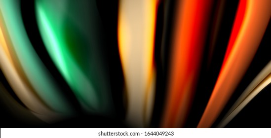 Abstract silk smooth lines on black, multicolored liquid fluid rainbow style waves on black. Vector Illustrations For Wallpaper, Banner, Background, Card, Book, Illustration, landing page, cover