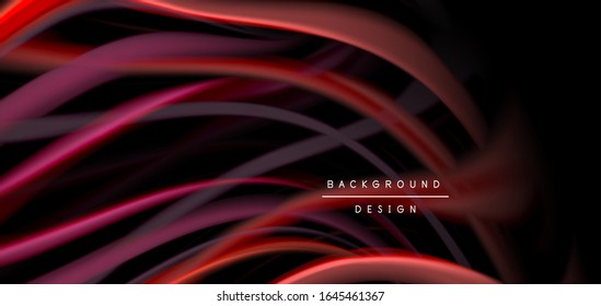 Abstract silk smooth lines on black, multicolored liquid fluid rainbow style waves on black. Vector Illustrations For Wallpaper, Banner, Background, Card, Book, Illustration, landing page, cover