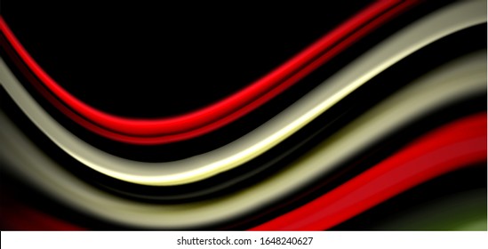 Abstract silk smooth lines on black, multicolored liquid fluid rainbow style waves on black. Vector Illustrations For Wallpaper, Banner, Background, Card, Book, Illustration, landing page, cover