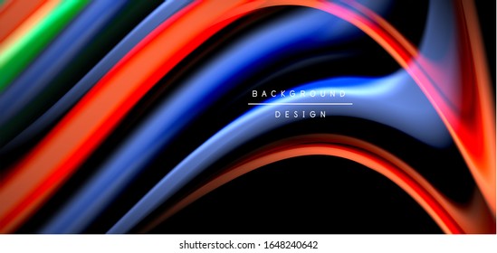 Líneas suaves de seda abstracta sobre las ondas negras, multicolores de fluido líquido arco iris sobre negro. Ilustraciones vectoriales para papel tapiz, banner, fondo, tarjeta, libro, ilustración, página de inicio, portada
