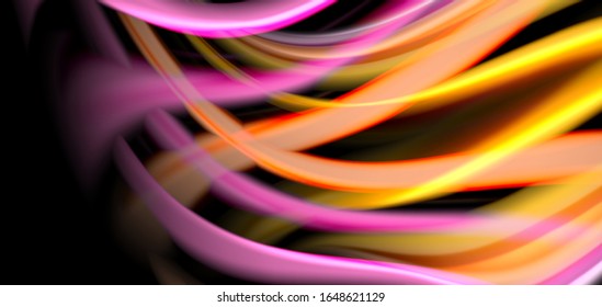Abstract silk smooth lines on black, multicolored liquid fluid rainbow style waves on black. Vector Illustrations For Wallpaper, Banner, Background, Card, Book, Illustration, landing page, cover