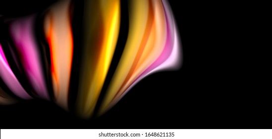Abstrakte Seide glatte Linien auf schwarzen, mehrfarbigen flüssigen Regenbogenwellen auf Schwarz. Vektorgrafiken für Bildschirmhintergründe, Banner, Hintergrund, Karte, Buch, Illustrationen, Landungsseiten, Deckblatt