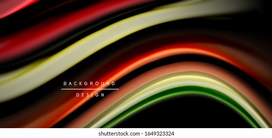 Abstract silk smooth lines on black, multicolored liquid fluid rainbow style waves on black. Vector Illustrations For Wallpaper, Banner, Background, Card, Book, Illustration, landing page, cover